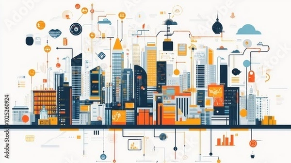 Fototapeta Abstract Illustration of a Cityscape with Interconnected Systems and Networks
