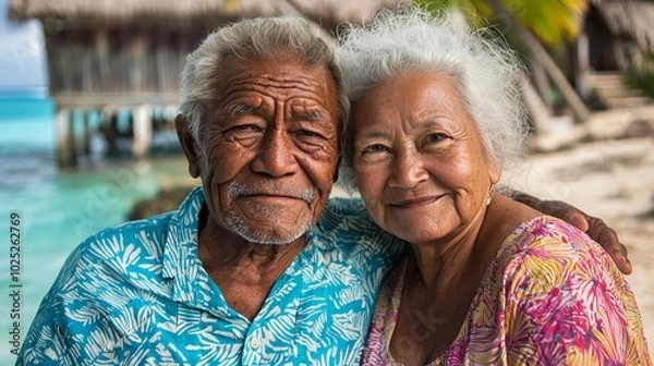 Obraz Smiling romantic senior couple in sunglasses at beach