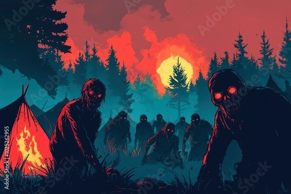 Fototapeta A Group of Skeletons Surrounded by a Forest and a Red Sky
