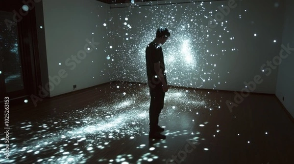 Fototapeta A Man Stands in a Room Filled with White Lights