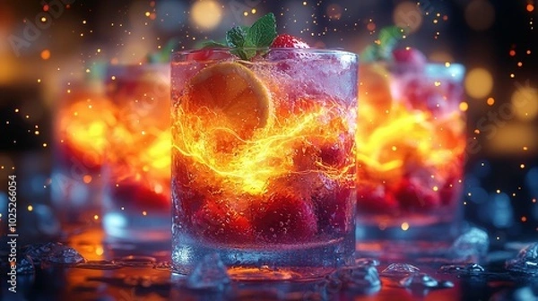 Fototapeta A close-up of vibrant summer drinks with strawberries and citrus, creating a lively atmosphere. Perfect for gathering or celebration.