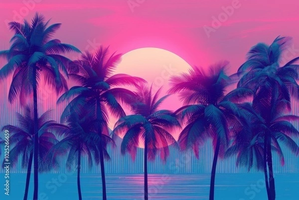 Fototapeta A tropical scene with a pink and blue sky and three palm trees, generative ai image