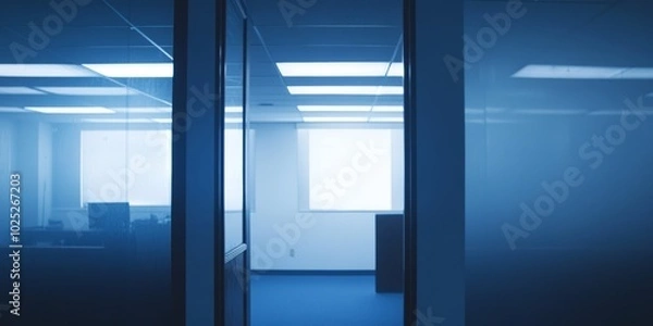 Fototapeta A vacant office hallway features blue carpeting, glass partitions, and natural light pouring in from a nearby window
