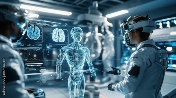 Fototapeta Two Scientists Interact with a Holographic Human Anatomy Model in a High-Tech Lab