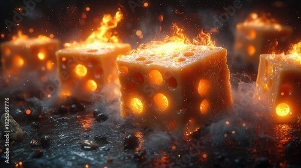Fototapeta This image showcases a surreal concept of glowing cheese cubes resembling dice, engulfed in flames, highlighting vivid orange and yellow tones against a dark background.