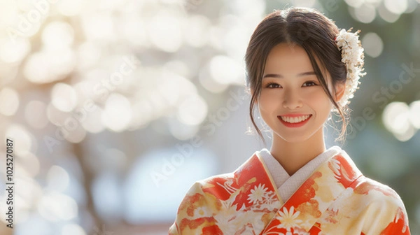 Fototapeta 着物姿の笑顔の若い日本人女性
