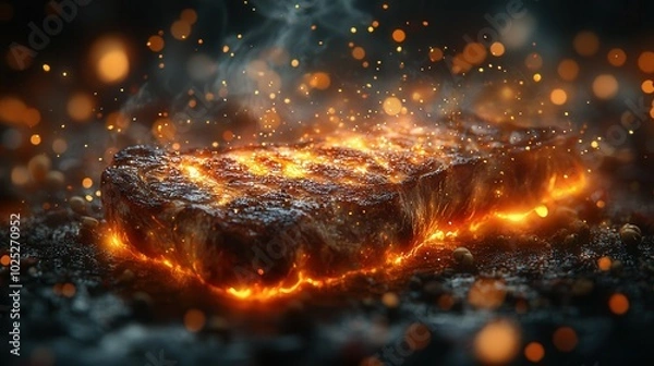 Fototapeta A mouthwatering glowing steak on a dark surface, surrounded by sparks and fine details, creating an enticing culinary atmosphere.