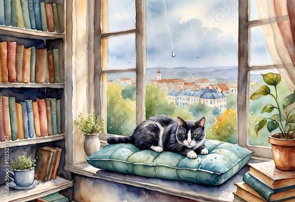 Fototapeta Cozy window scene with a cat lounging on a cushion, bookshelves, and rainy view