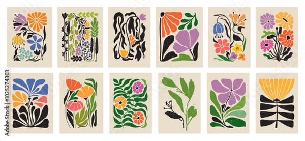Obraz Botanical doodle background. Trendy abstract floral art vector set. Matisse style minimalist botanical shape. Modern boho flower, leaves doodle design for print, wallpaper, wall art, home decoration. 