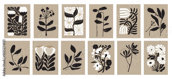 Obraz Botanical doodle background. Trendy abstract floral art vector set. Matisse style minimalist botanical shape. Modern boho flower, leaves doodle design for print, wallpaper, wall art, home decoration. 