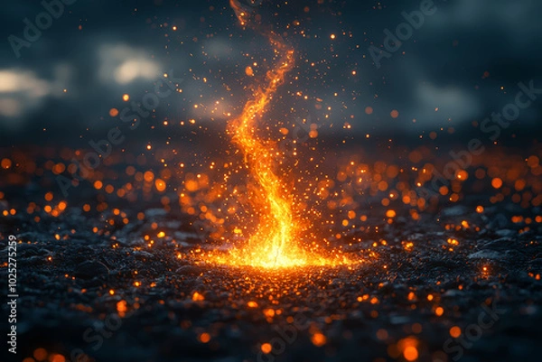 Fototapeta A spark igniting a fire that spreads across a vast landscape, symbolizing the creation of something powerful from a small beginning. Concept of growth.