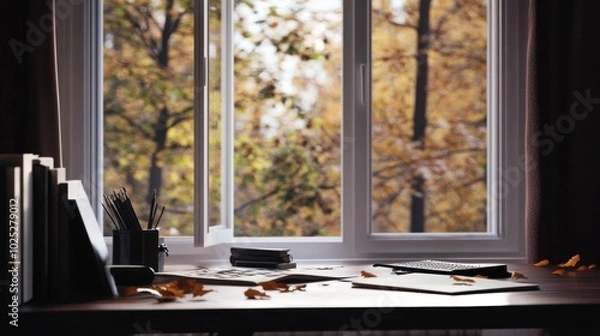 Obraz Study table outlloking a window with autumn season, with some blank spaces on the table, 1:1, real life, hyper realistic 