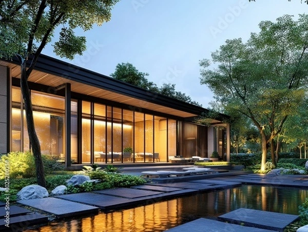 Obraz ultra realistic photo a wellness retreat with some asian high net worth participants in the photo, dark mode
