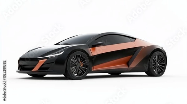 Fototapeta Futuristic EV Concept Sports Car Design - Ultra-Detailed 3D Render Illustration in Matte Black and Electric Orange with Dynamic Aerodynamic Features