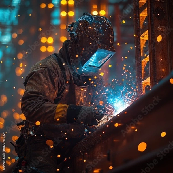 Fototapeta A welder is working while wearing protective equipment, with sparks flying around
