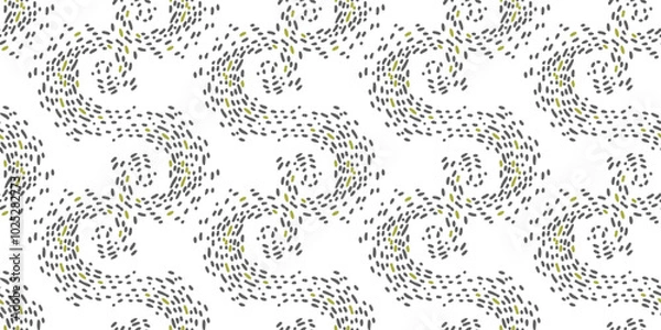 Fototapeta Dotted lines in swirl shape seamless pattern. Green and grey vector hatching texture. Spirals seamless doodle pattern. Brush drawn random strokes