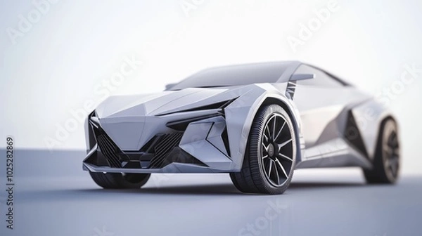 Obraz Futuristic EV Concept Car Design 3D Render with Bold Body and Distinctive Front Grille Dominating the Road.