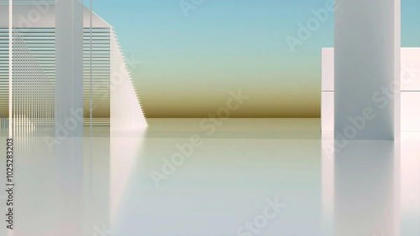 Obraz 3d render of abstract art with surreal minimalistic style white interior with white plane concrete walls based on geometry rectangles blocks shapes with blue sky gradient on the back