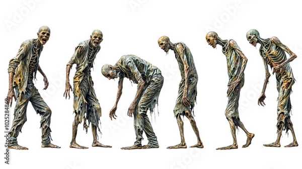 Fototapeta Set of terrifying zombies with skeleton faces in different walking poses isolated on transparent background