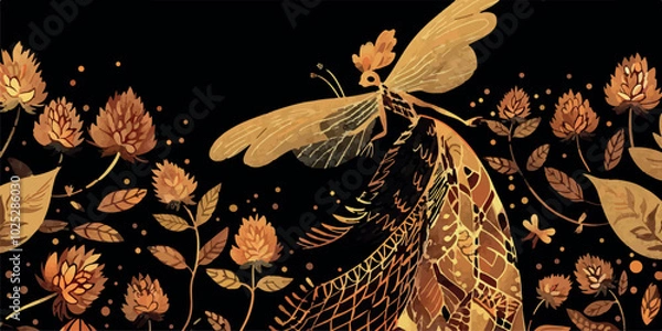 Fototapeta A whimsical fairy-themed illustration featuring golden floral elements and elegant fairies in natural dresses, set against a dark background, creating an enchanting and magical atmosphere.