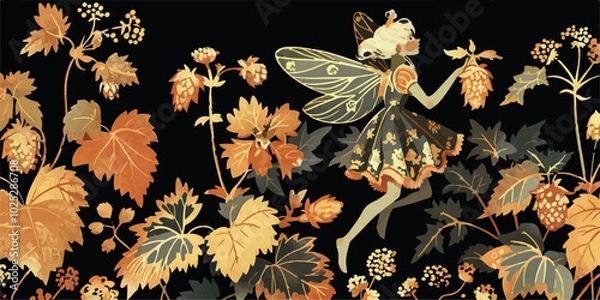 Fototapeta A whimsical fairy-themed illustration featuring golden floral elements and elegant fairies in natural dresses, set against a dark background, creating an enchanting and magical atmosphere.