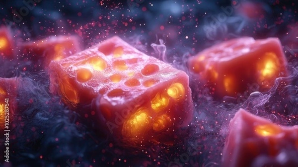 Fototapeta The image depicts abstract glowing pink blocks with holes, surrounded by colorful light and smoky effects. The creative design conveys a vibrant atmosphere.