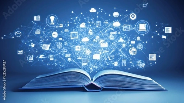 Fototapeta Open Book with Glowing Digital Icons and Network Connections