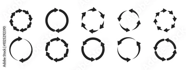 Fototapeta A set of circular arrow icons. Forward icon. Two to eight arrows in a cycle. Symbol of renewal, repetition, recycling. Vector illustration.