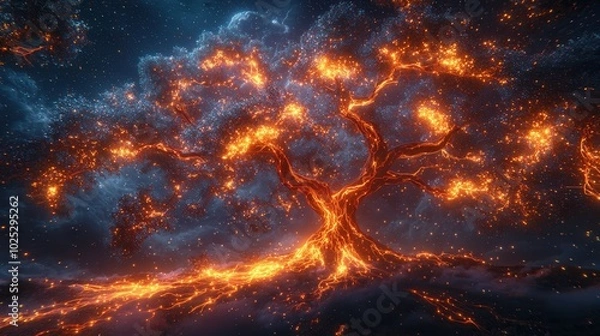 Fototapeta A fantastical tree glowing with fiery orange and blue hues amidst a starry background, symbolizing vitality and creativity in a cosmic setting.