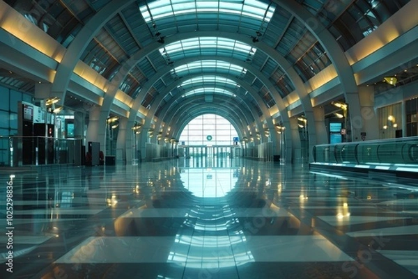 Fototapeta Empty modern airport terminal with shiny floor reflecting the curved ceiling and the windows at the end of the hall