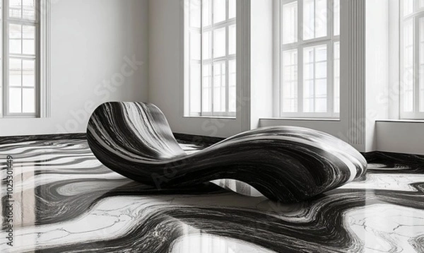 Fototapeta Explore the intricate design of flowing black and white marble waves creating a stunning visual effect in modern interior spaces