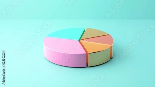 Fototapeta 3D pie chart with metallic colors on a mint green background generative ai