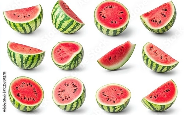 Fototapeta A high-resolution image of perfectly ripe, juicy watermelon slices isolated on a pure white background. 
