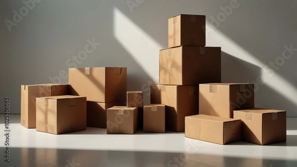 Fototapeta the neat arrangement of cardboard boxes of different sizes, casting soft shadows on a clean white background, clear lines and subtle textures create a minimalistic composition, show the use of environ