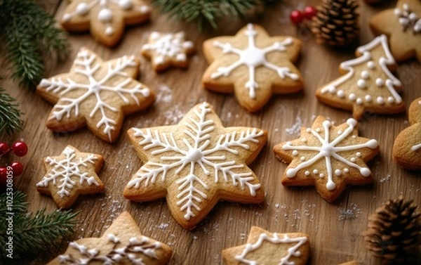 Fototapeta A close-up of Christmas cookies in the shapes of stars, snowflakes, and Christmas trees, beautifully iced and placed on a wooden table with holiday decor 