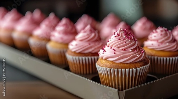 Fototapeta Pink vanilla cupcakes with sprinkles, sweet indulgence for bakery lovers, dessert print for party, celebrations, National Vanilla Cupcake Day, and and Muffin Day