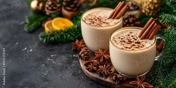 Fototapeta Creamy eggnogs garnished with cinnamon sticks and nutmeg sprinkles for Christmas celebration, print for Xmas, winter holidays and National Eggnog Day