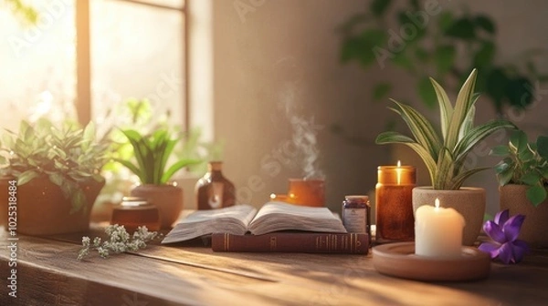 Obraz A wooden table set with a variety of holistic wellness books, candles, and plants, creating a peaceful atmosphere