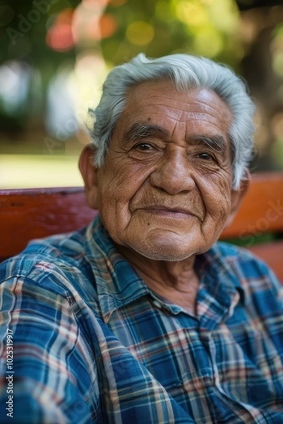 Fototapeta Portrait of a cheerful elderly man relaxing on a bench in a garden, embodying wellness, confidence, and gratitude during retirement