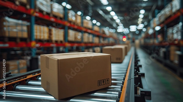 Fototapeta Quick Logistics With Conveyor Packages