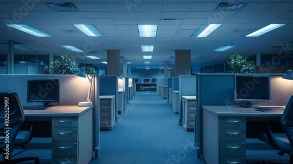 Obraz Nighttime office empty cubicles wide shot subdued lighting serene and quiet environment