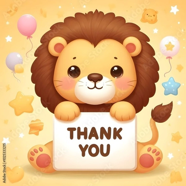 Fototapeta Appreciative Animals, a cute lion holding a "Thank You" sign.