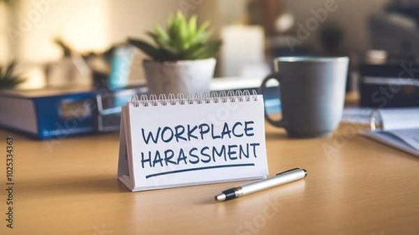 Fototapeta A desk scene highlighting the serious issue of workplace harassment with a calendar note and greenery in a modern office setting.
