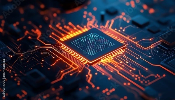 Obraz Close-up view of a glowing computer microchip on a circuit board, showcasing intricate electronic connections and vibrant technology design.