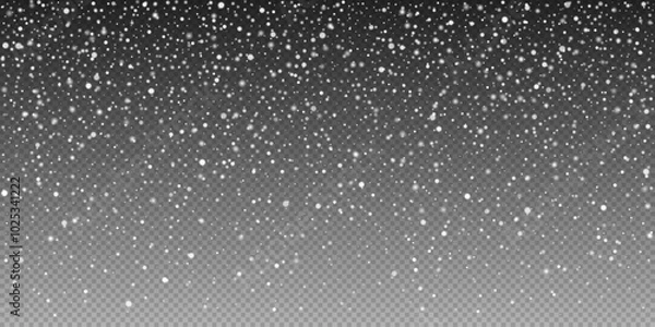 Fototapeta Snow overlay dust with sparkling snowflakes. Snowfall and winter snowstorm on clear transparent background. For seasonal greetings, decorations and winter projects. Vector illustration snow flakes