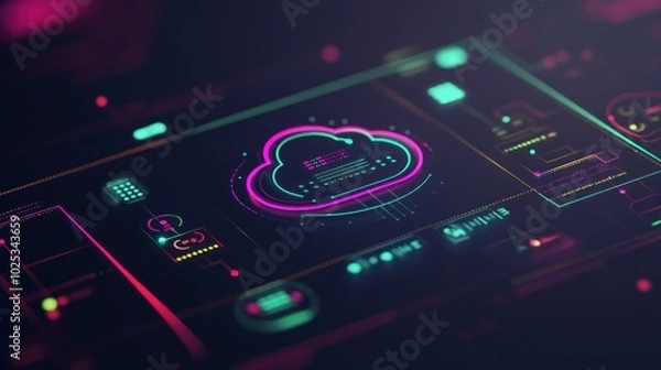 Fototapeta Futuristic Neon Cloud Interface on a Dark Background