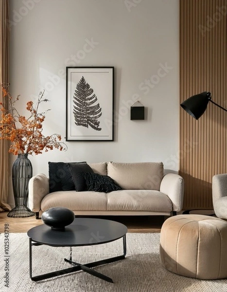 Fototapeta Warm and Inviting Living Room with Customizable Poster Frame