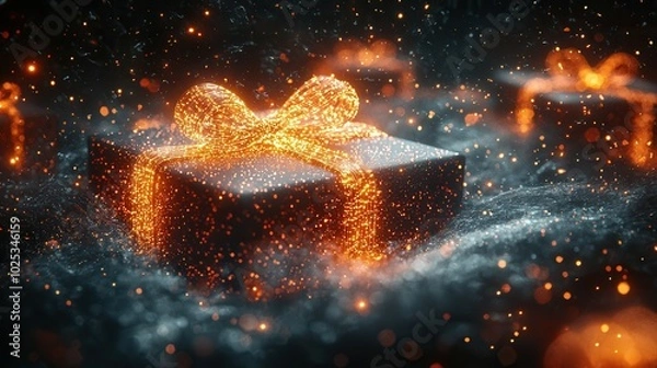 Fototapeta A beautifully wrapped gift box adorned with a glowing orange bow, surrounded by sparkling particles in a dark atmosphere, perfect for festive occasions.