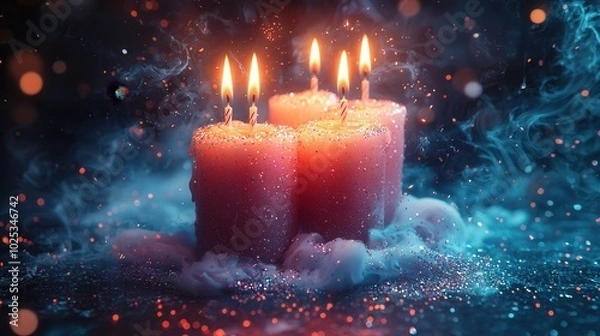 Fototapeta A serene arrangement of three pink candles with sparkling glitters, surrounded by ethereal blue smoke and glowing lights, creating a magical ambiance.