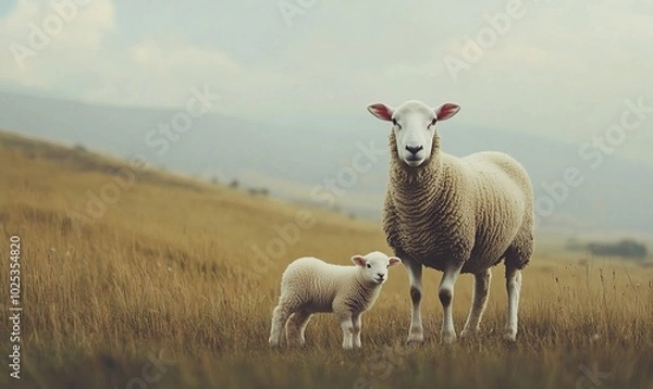 Fototapeta Portrait sheep and lamb grazing in rural field